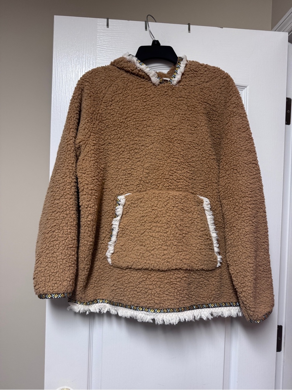 easel Brown Sherpa Hoodie with Fringe Trim